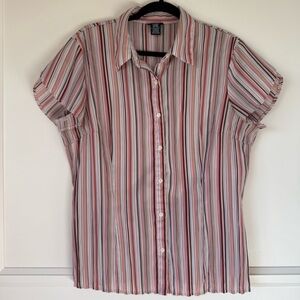 East 5th Blouse Women’s Size XL Peach Pink Brown Striped Button Down Shirt